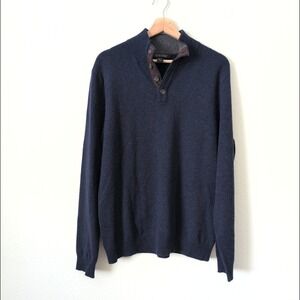 Ethan Pierce Mens Navy Blue 100% 2-Ply Cashmere 1/4 Button Mock Neck Sweater L